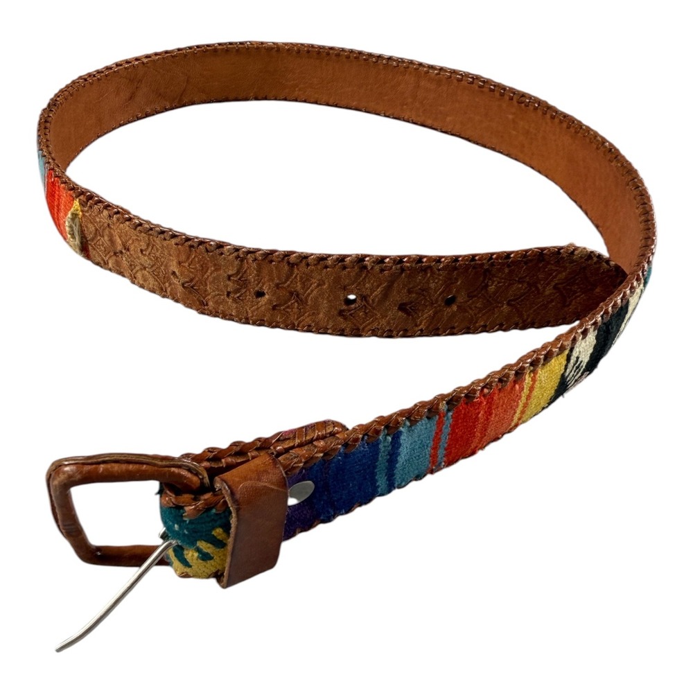 Vintage Guatemala Woven Textile Leather Belt Medium Multi Color Boho Southwester